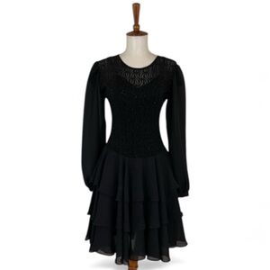 Vintage 80s 90s Dress Black Women’s S Long Sleeve Sparkle Lace Crew Neck A-Line